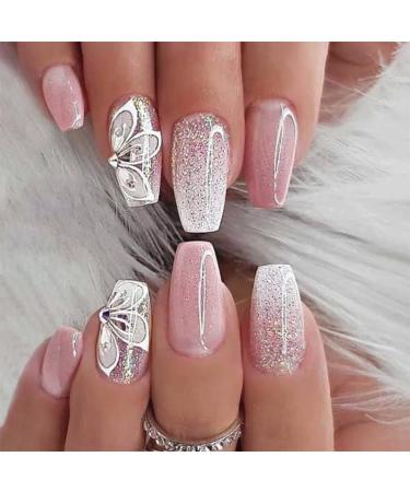 VOTACOS Press on Nails Short Square Fake Nails Light Pink False Nails with Bling Butterfly Design Glossy Stick on Nails for Women D1 Bling Butterfly