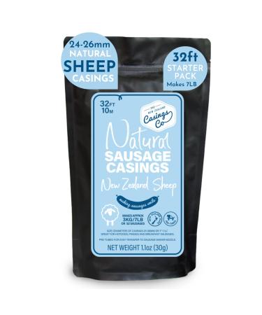 Natural SHEEP Casings for Sausage Making, 32ft of 24-26mm, Perfect Hot Dog Casing, Ideal Sausage Casing for Merguez, Chorizo & Breakfast Sausage, Pre-Tubed, Edible, A Grade, Halal, from New Zealand, makes 7lb Sausages 32ft