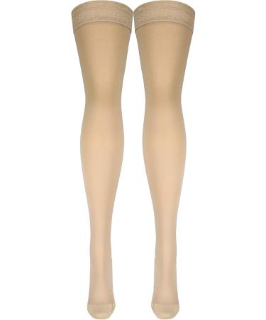 Truform 20-30 mmHg Compression Stockings for Women - Lace Trim Thigh High Closed Toe Beige Large (1 Pair) - International Shipping Available - Buy Online on GoSupps.com