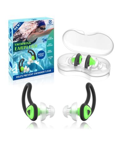 2 Pairs Ear Plugs for Swimming, Hearprotek Swim Ear Plugs Adults-Waterproof Silicone Water earplugs for Men Women Juniors Swimmers Pool Shower Bathing (Green)