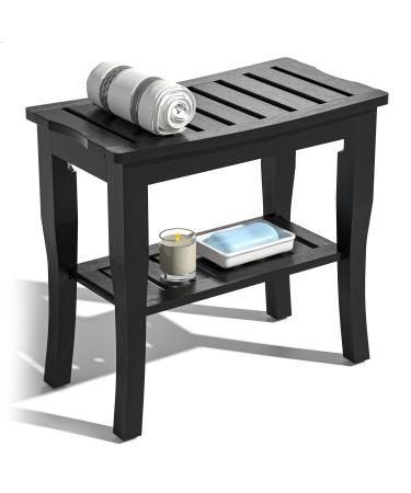 Bamboo Shower Bench & Stool Waterproof - Wood Shower Bench with Storage Shelf for Inside Shower(Black) Black 18.9"x18.11"x9.96"