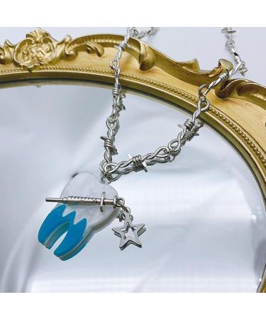 Oralgo Punk Style Choker Necklace with Syringe-Toothed Thorn & Vintage Keybeat Chain - Unique Alloy & Acrylic Jewelry for Street Style Enthusiasts - Buy Online on GoSupps.com