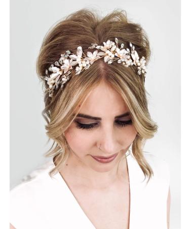 SWEETV Handmade Rhinestone Wedding Headband Flower-Leaf Bridal Headpiece | Gold Pearl Hair Accessory - Buy Online on GoSupps.com