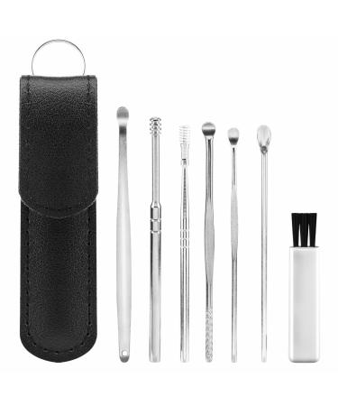beiyoule 7pcs Ear Cleaner - Ear Wax Removal Kit Stainless Steel Ear Pick Ear Curette Ear Cleaning Kit with Cleaning Brush with PU Leather Case (Silver)