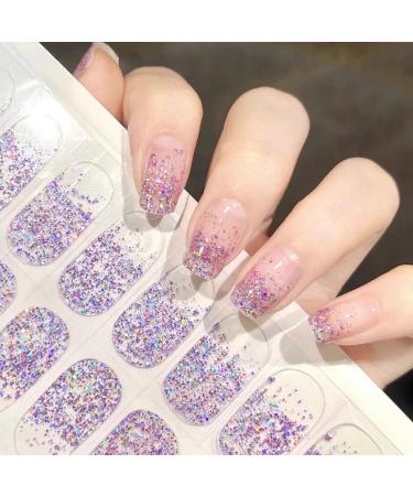 Semi Cured Gel Nail Strips 22 Stickers Semi Cured Gel Nail Wraps Purple Glitter Gel Nail Stickers Nail Strips Easy Apply & Remove for Salon-Quality Manicure UV/LED Lamp Required