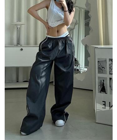 Athlisan Women's Y2K Black Parachute Pants - Baggy Wide Leg Track Pants (Large) - Buy Online on GoSupps.com