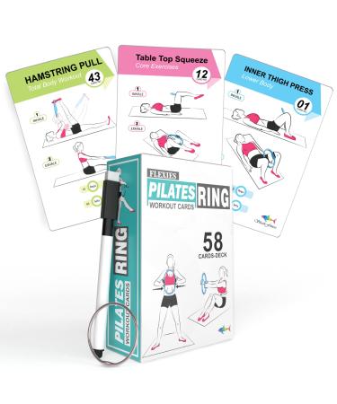 Flexies Pilates Ring Workout Cards -58 Exercise ring Card with Pilates circle Work Out Posture, Instruction & Breathing Tips | Free Dry-Erase Marker & Binding ring|Pilates Equipment Thigh Master guide