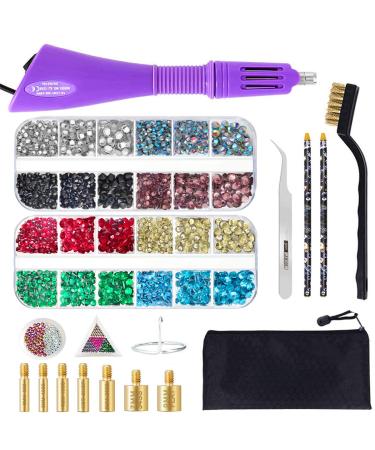 Hotfix Applicator Tool, Bedazzler Kit with DIY Hot Fix Rhinestones Include 7 Tips, Support Stand Tweezers Cleaning Brush Wax Pencils and 2400 Rhinestone Purple