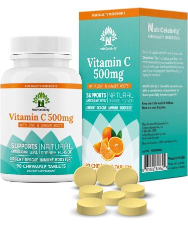 Nutricelebrity Vitamin C Chewable Tablets 500mg Supplement with Zinc & Ginger Roots Natural Orange Flavor Great for Adults & Kids - Vegan Friendly Non-GMO Gluten Dairy & Soy Free - 90 Tablets