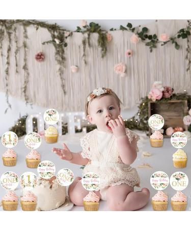 Funmemoir Flower First Birthday Decorations for Girl - 24PCS Pink Floral Cupcake Toppers for Isn't She Lovely Isn't She Onederful Little Miss Onederful Baby Girl 1st Birthday Party Decorations - Buy Online on GoSupps.com