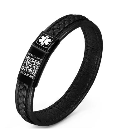 Upgraded Medical Bracelets Men with QR Code Medical Alert ID Bracelets - 7''-8'' Vintage Woven Leather Wristband Stainless Steel Buckle - More Space Save Emergency Medical ID Info 7.87 Round Leather-Black