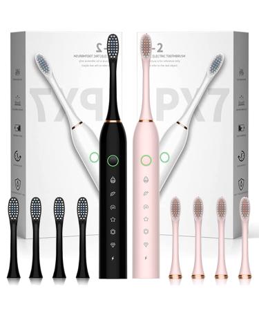 Lukern 2 Pack Sonic Electric Toothbrush with 8 Brush Heads 6 Modes 42000vpm Electric Toothbrush for Adults Kid Black+Pink