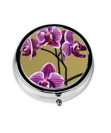Beautiful Orchidsround Pill Box 3 Compartment Round Pill Box Organizer * Portable Travel Pill Box for Traveling.