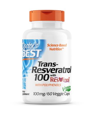 Doctor's Best Trans-Resveratrol 100 with ResVinol 100mg 60 Vegan Capsules Lab Tested Gluten Free SOYA Free Vegetarian