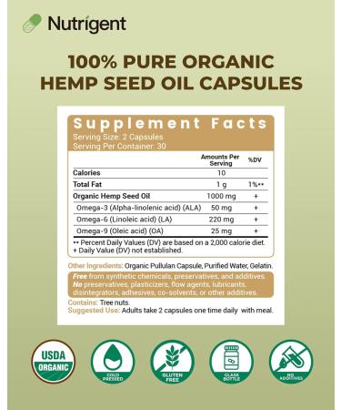 Nutrigent USDA Organic Hemp Seed Oil 1000 mg Cold Pressed & 100% Pure Plant-Based Omega 3-6-9 for Heart Joint Relaxation & Emotional Wellness 60 Capsules - Buy Online on GoSupps.com