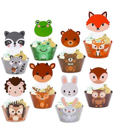48pcs Baby Safari Jungle Animals Cupcake Toppers with Wrappers Woodland Animal Kids Birthday Cake Toppers Decor Forest Themed Cupcake Toppers for Baby Shower Birthday Gender Reveal Party Decor