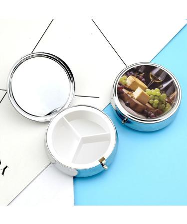 Portable Round Pill Box - Decorative 3 Compartment Organizer with White Wine Cheese Cake Grapes Print - Stylish Metal Pocket Pill Case - Buy Online on GoSupps.com