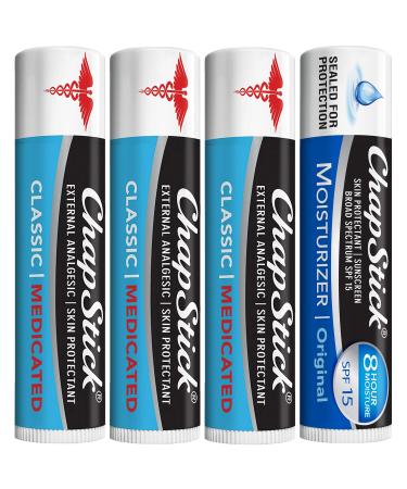 ChapStick Dry Lips & Cold Sore Pain Relief Bundle Classic Medicated ChapStick 3-Pack + Original Moisturizer Lip Balm with SPF 15 0.15 Oz Ea (4 Piece Set) 1 Count (Pack of 4)