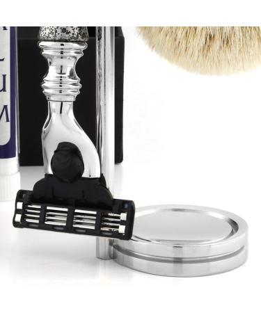 4Pc Men's Grooming & Shaving Kit - 3 Edge Razor Silver Tip Badger Brush Stand & Alum Pencil - Perfect Grooming Set for Men - Buy Online on GoSupps.com