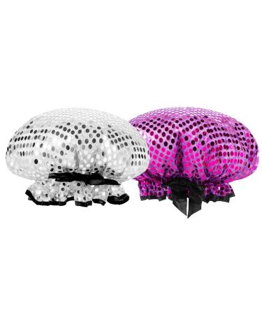 Shower Cap for Women Porichsu Large Reusable Waterproof Shower Caps for Long Hair Cute Double Layer Bath Caps 2 Pack (Silver+Purple)