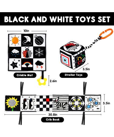 Jiosdo Baby Toy Set - 0-3 Months | Black & White Contrast Fabric Book Crackling Cloth Dice | Stroller Toys Gift Set for Newborns (3PCs) - Buy Online on GoSupps.com