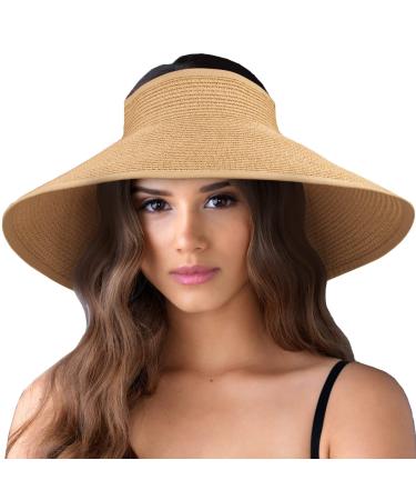 MAYLISACC Foldable Straw Sun Visors for Women, Sun Protecetion Wide Brim Sun Hats Adjustable Topless Beach Hat Khaki