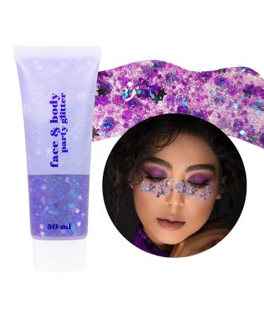 Prreal Body Glitter Gel 50ml Face Glitters Body Gel Sequins Shimmer Liquid Eyeshadow Chunky Glitter for Face Hair Nails Hologrographic Cosmetic Laser Powder Festival Glitter Makeup#Violet