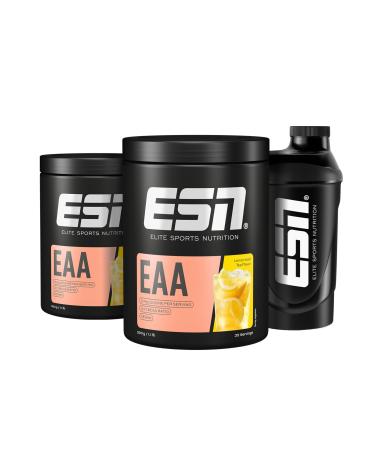ESN EAA Lemon Iced Tea + Free ESN Shaker 2 x 500 g fine amino powder with 8 essential amino acids ideal solubility vegan tested quality - made in Germany