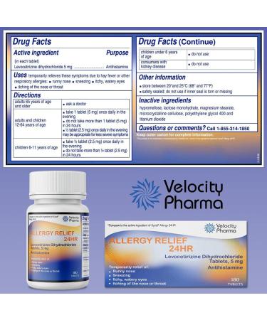 Velocity Pharma Levocetirizine Dihydrochloride 5mg Tablets USP - 24 Hour Allergy Relief (180 Count) - Buy Online on GoSupps.com