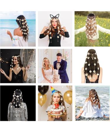 Sunflower Headband Daisy Hair Accessories Flower Crown Sunflowers Hair Beach Boho Hairband Adjustable Tassel Hair Wreath Flowers Hair Bands Women Cosplay Costume (White) - Buy Online on GoSupps.com