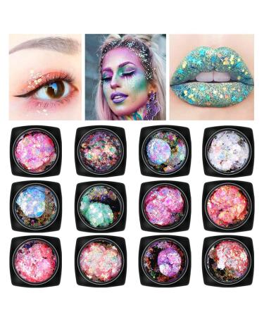 Chunky Holographic Body Glitter 12 Colors Mixed Cosmetic Glitter Nail Sequins Iridescent Flakes for Face Eye Hair Body Festival Makeup  Nail Art