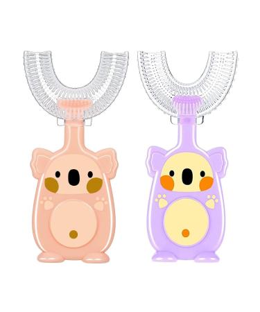 Children U-shaped toothbrush 2 pieces of children's toothbrush and shape 360 degrees toothbrush for the whole mouth silicone children's toothbrush and form 2-4 years (pink + purple)