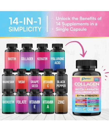 Collagen Peptides Types I II III V & X MCG Biotin Keratin Hyaluronic Acid MSM Zinc Grape Seed Extract Quercetin Vitamin A Vitamin C Vitamin E Magnesium Folic Acid (90 Capsules) 90 Count (Pack of 1) - Buy Online on GoSupps.com