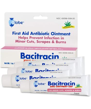 (4 Pack) Globe Bacitracin Zinc Ointment + Aloe 1oz | Antibiotic First Aid Supplies | Maximum Healing Power | Prevents Infection in Cuts, Scrapes & Burns - Buy Online on GoSupps.com