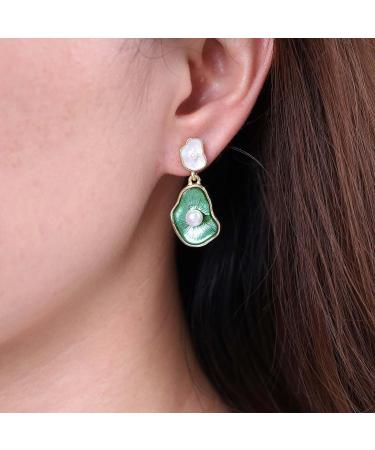 Vintage Green Lotus Leaf Pearl Drop Earrings - Enamel Flower Jewelry for Women - Buy Online on GoSupps.com