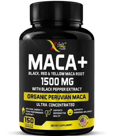 Organic Maca Root Powder Capsules 1500mg - 150 Vegan Pills with Black + Red + Yellow Peruvian Maca Root Extract Gelatinized, Energy & Mood Supplement for Men & Women + Black Pepper for Best Benefits 150 Count (Pack of 1)