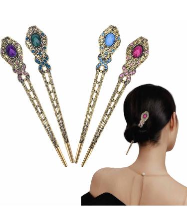 4 Pcs Chinese Vintage Rhinestone Hair Chopsticks Hair Clip Chignon Pin Hair Decor flower Hairpin Metal Hair Stick for Women