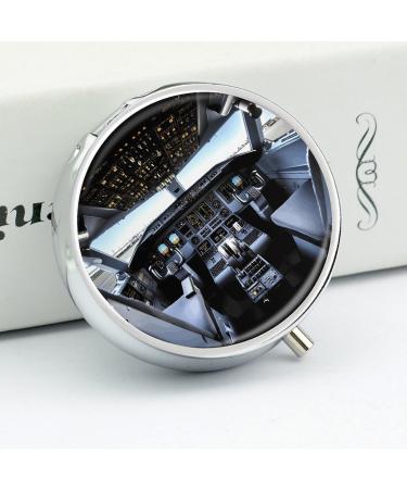 Round Pill Box with Airplane Cockpit Print | 3-Compartment Decorative Metal Pill Organizer | Portable Pocket Medicine Case - Buy Online on GoSupps.com