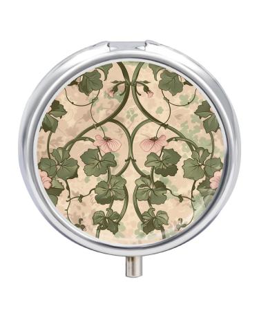 Pill Box Pill Case 3 Compartment Travel Pill Box Vine Leaves and Flowers Printing Small Pill Box Portable Medicine Pill Case Pill Organizer for Purse & Pocket for Travel Handbag (Round)