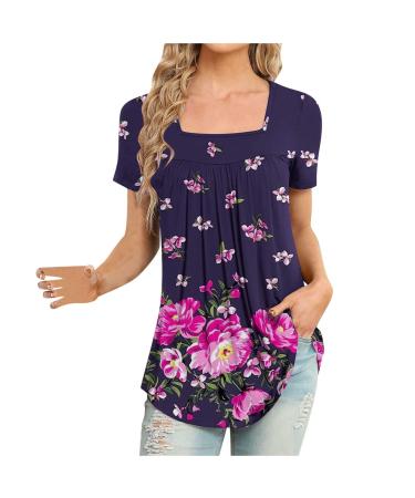 Cbcbtwo Floral Tunic Tops for Women,Summer Dressy Casual Square Neck Short Sleeve T Shirts Loose Fit Pleated Flowy Shirts XX-Large Mi01-purple