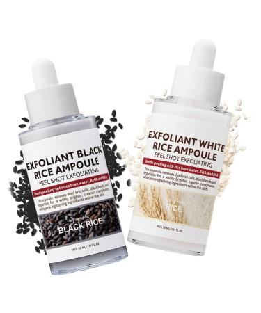 MEITREND Peel Shot Glow Rice Duo Ampoule White & Black Rice Exfoliator Rice Peel Glow Facial Exfoliating Serum to Remove Blackheads Pore Cleanse Moisturize Gently Exfoliate for All