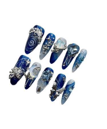KEMKEY Blue Handmade Wear Nail Senior Sense Of Heavy Industry In Europe And The United States Wind Luxury Fashion Art Absolutely Beautiful In The Long Section Of Nail Art(Long Tip M) 1 count (Pack of 1)