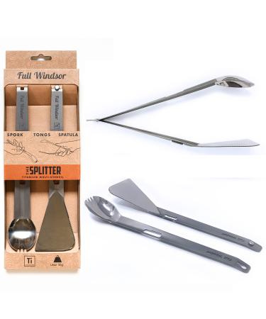 THE SPLITTER Titanium Tongs, Spork and Spatula from Full Windsor - Portable Lightweight Metal Multi Utensil for Camp Kitchen, Backpacking, Travel, Outdoor Cooking, Camping Cookware, No Mess Eating Set