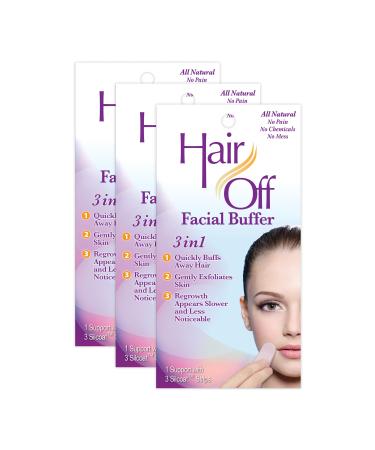 Hair Off Facial Buffer - All-Natural, Pain & Chemical Free Hair Removal - Exfoliates Skin - Slows & Lessens Regrowth - Good for Travel & Touch-Ups (3 Buffers Per Box, Pack of 3)