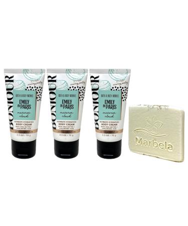 Bath & Body Works Emily In Paris Macaron Cloud 3 Pack Body Cream Bundle with a Natural Oats Sample Soap - Travel Size