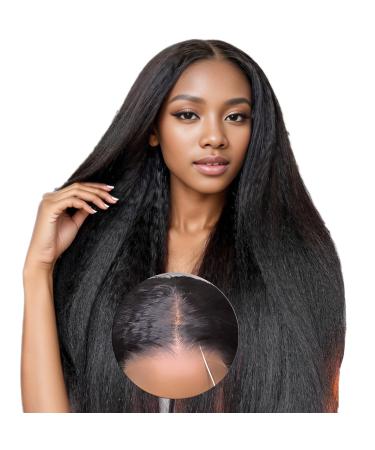 Wear & Go Gluess Pre-Cut Lace Wig Kinky Straight For Women No Glue Pre Plucked Hd Lace Wig Human Hair Pre-Blacheted Knots Transparent Lace Wig Beginner Friendly 180% Density 28inch Kinky Straight-1b 20cm)
