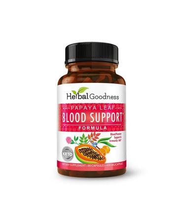 Papaya Leaf Blood Support Capsules - Blood Platelet  Bone Marrow  Immunity Support - Herbal Remedy - 60/450mg Veggie Capsules - Herbal Goodness (1 Bottle) 60 Count (Pack of 1)