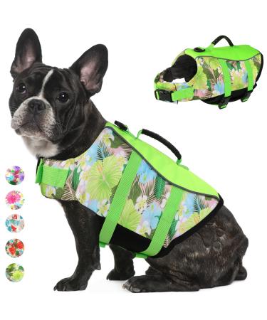 Mklhgty Hawaiian Style Ripstop Dog Life Jacket, Reflective & Adjustable Dog Swimming Vest with Handle, Dog Life Vests for Boating & Swimming, Pet Safety Life Preserver for Small Medium Large Dogs Floral Green Small