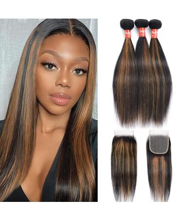 Haha Brown Highlight Human Hair Bundles With Closure Straight Ombre Bundles With Closure Colored Balayage 10A Remy Virgin Hair Weave 3 Bundles With 4x4 Lace Closure Free Part 12 12 12+10 Inch FB30 12 12 12+10 Inch FB30 ...