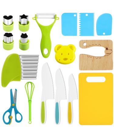Abizarch 17Pcs Kids Cooking Cutter Set Safe Reusable Plastic Toddler Kitchen Cutter Set with Wooden Cutter Serrated Cutter Chopping Block Peeler Sandwich Cutter for Cutting Fruit Vegetable ZHAZHAMO 17 pieces